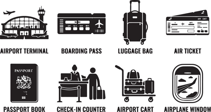 Airport icons, travel symbols, flight illustrations, transportation graphics, 8 travel-related vector icons