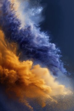 Cloud of powdered pigment in saffron and violet tones with gentle diffusion in air against dark background captured in high-resolution