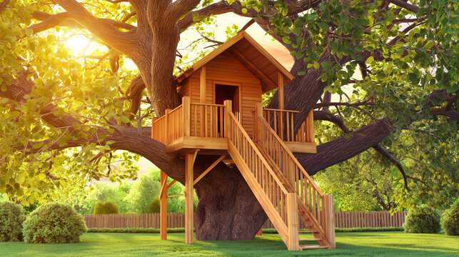 A cozy wooden treehouse with a staircase and balcony in a lush green backyard