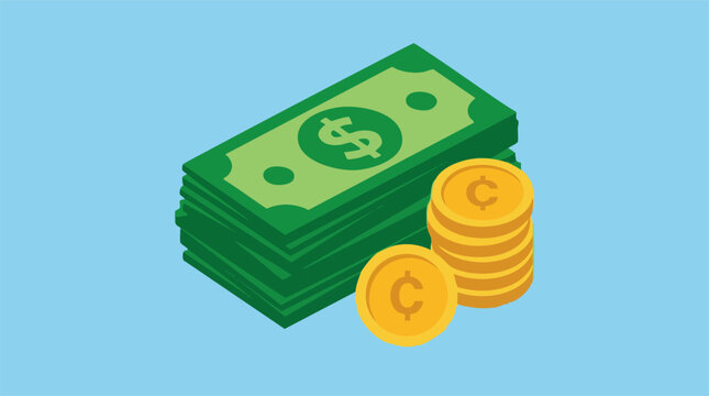 Financial concept with green money banknotes and golden cent coins