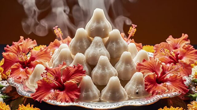 Traditional Steaming Hot Sweet Modaks on a Polished Silver Platter with Vibrant Red Hibiscus Flowers for Ganesh Chaturthi Festival Celebration