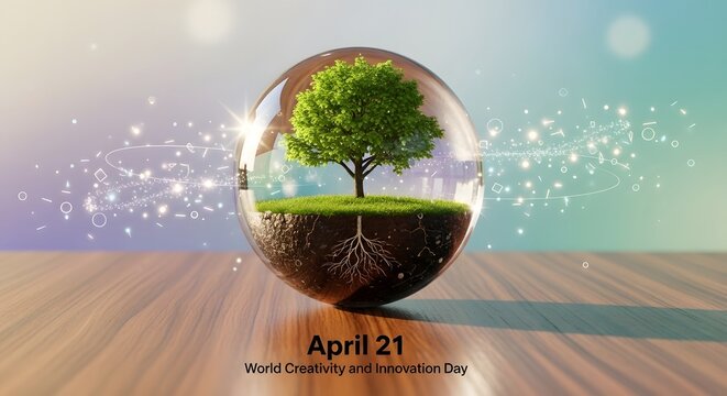 A vibrant green tree flourishes within a clear glass orb symbolizing growth and innovation on a wooden surface high quality professional detailed