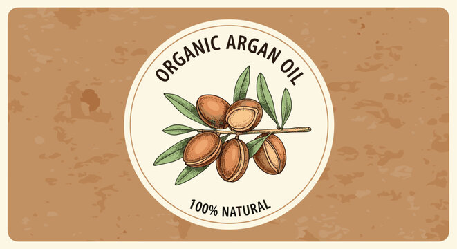 Organic argan oil product label design features a hand-drawn branch with argan nuts and green leaves on a textured vintage paper background.