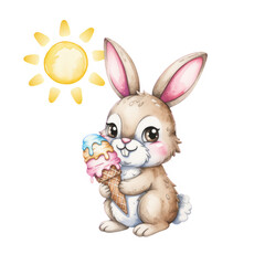 Fototapeta premium Cute bunny enjoying ice cream under the warm sun in a cheerful summer scene