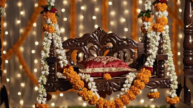 Beautifully Decorated Wooden Jhula Swing for Janmashtami with Fresh Jasmine and Marigold Flower Garlands and a Small Silk Pillow in the Center