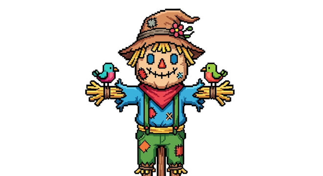 Cute Cartoon Scarecrow with Birds on Arms.