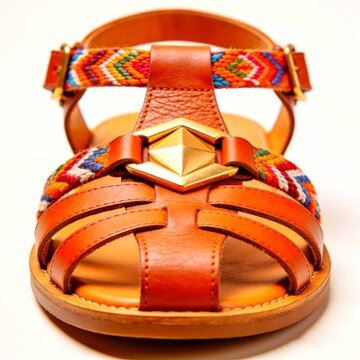 Stylish brown leather sandals with colorful woven ethnic straps and gold geometric hardware. SEO for summer fashion, boho footwear, and retail assets. #SummerStyle #LeatherSandals #BohoFashion