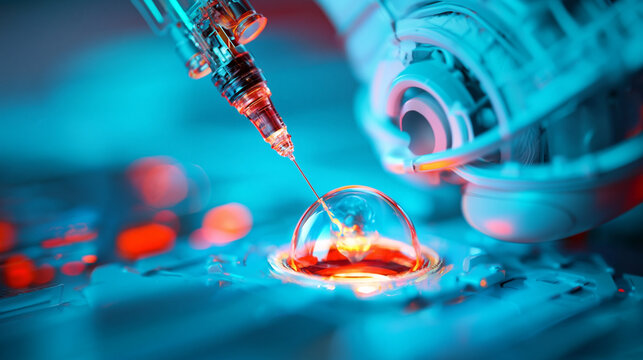 A syringe injecting liquid into a petri dish in a laboratory setting with blue lighting