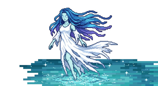 Ethereal Blue Haired Woman in Flowing White Dress.