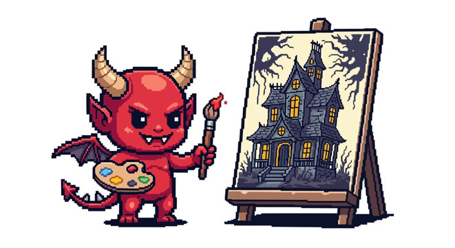 Cute little devil painting a haunted house on canvas.