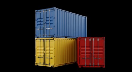 Fototapeta premium Stacked shipping containers in blue, yellow, and red against a black background
