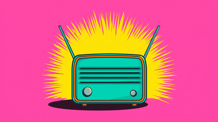 Fototapeta na wymiar A colorful illustration of a vintage radio on a bright pink background with yellow rays