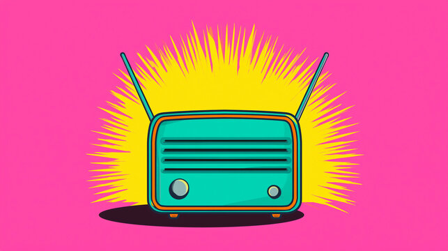 A colorful illustration of a vintage radio on a bright pink background with yellow rays