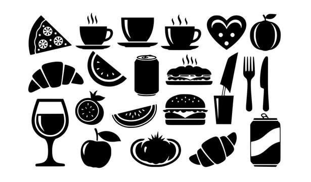 Bold black food and drink silhouettes square composition vector set with strong icon design