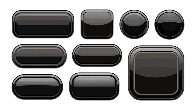 set of shiny black buttons on white background