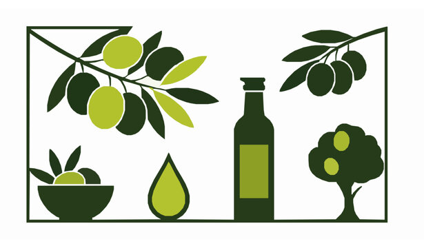 Bold olive oil icons square composition vector set with rich Mediterranean food design