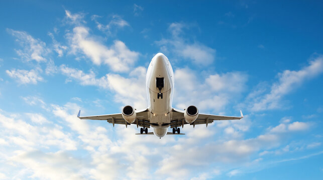 A commercial airplane flying through a blue sky with white clouds overhead