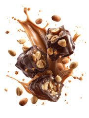 Fototapeta premium Sweet Chocolate Bites: Delightful chocolate-covered treats cascade amidst a luscious caramel splash and scattering of peanuts, a symphony of flavor in a vibrant display.