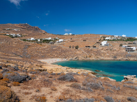  Panoramic view of Paralia Tsaggari beach with tourists on the island of Mykonos in Greece.