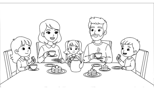 Family tea time coloring book page with parents and children eating sweets cartoon outline vector illustration