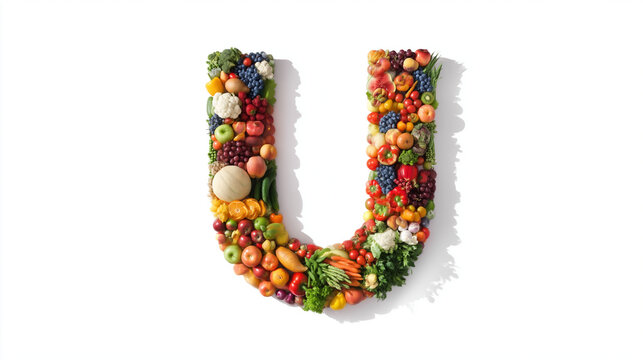 A creative arrangement of various fruits and vegetables forming the letter U