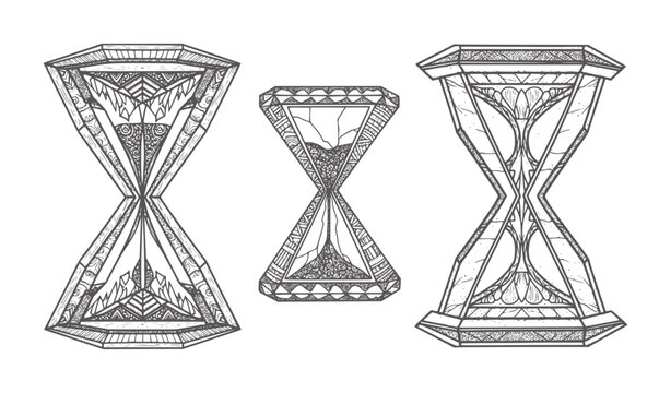 Three ornate black and white intricately designed hourglasses with geometric patterns