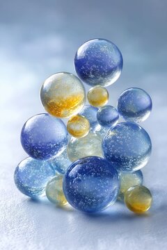 Translucent soap-bubble spheres arranged with clear spaces in cool mint and icy blue lighting set against a smooth blurred background