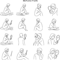 Naklejka premium Series of reflective human poses in minimalist line art for emotional and psychological concepts