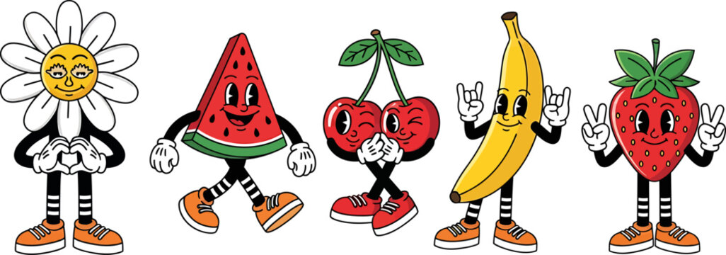 Retro Cartoon Fruit and Flower Characters in Vintage Rubber Hose Animation Style Vector Illustration Set
