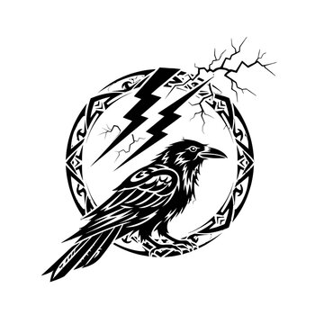 A detailed illustration of a black bird with lightning and a decorative circular frame