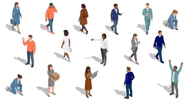 Diverse people set walking and interacting in isometric style | Multicultural men and women character collection performing various daily activities