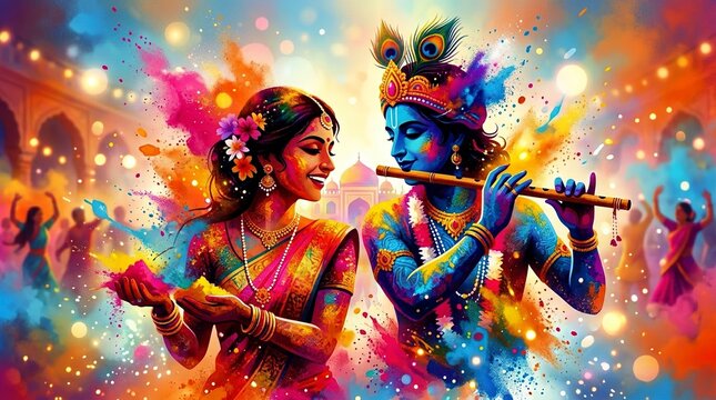 Radha Krishna Holi Celebration with Vibrant Colors and Festive Joy