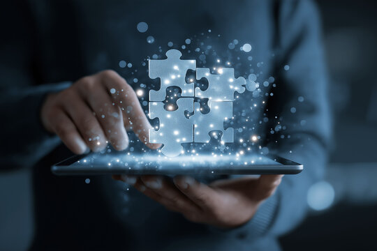 Person is holding tablet with holographic jigsaw puzzle icon floating above surrounded by sparkling lights, using digital futuristic technology for solving problems and creating innovation invention