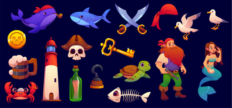 Cartoon pirate corsair characters and game icons asset. Cute skull pirate in captain hat, sailor buccaneer with gun, mermaid and sea animals characters set. Treasure map bottle, hook and swords
