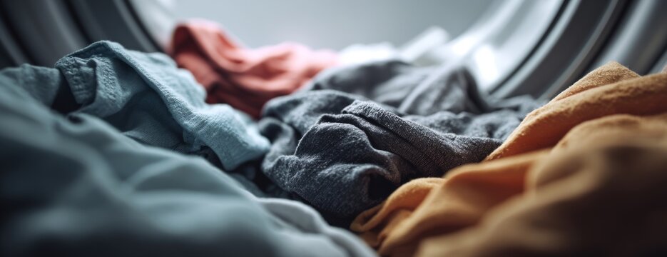 Clothes inside washing machine in various colors and textures  