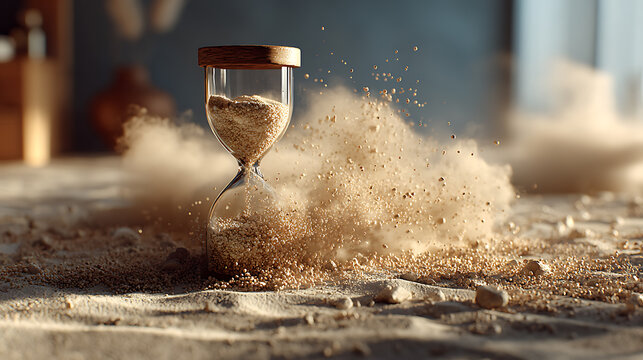 Hourglass with sand bursting into motion, symbolizing the uncontrollable flow of time, stress, urgency, and mental overload, reflecting anxiety, burnout, and the pressure of modern life