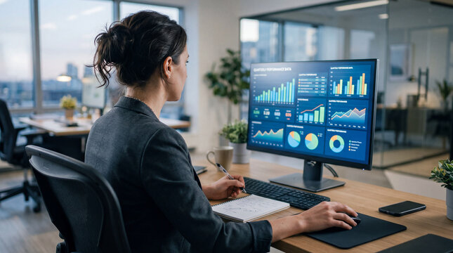 Female Data Analyst Working on Business Intelligence Dashboard in Modern Office.