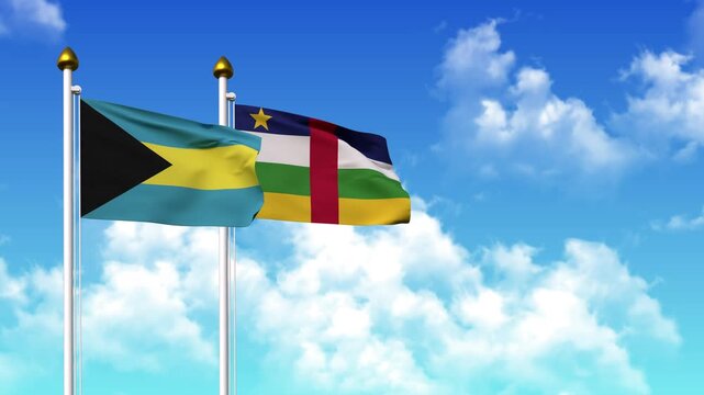 Waving flags of BAHAMAS and Central African Republic on pole included with alpha