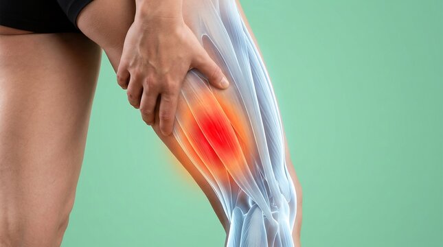 Human thigh muscle exhibits an overlay of digital inflammation highlighting a painful sports injury or muscle strain.