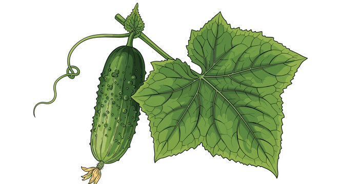 Realistic colored drawing of a green cucumber growing on a vine with a large textured leaf and a small yellow flower on a white background.