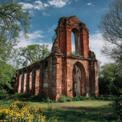 Obraz premium Ruined brick church stands open against a blue sky, surrounded by trees and spring flowers
