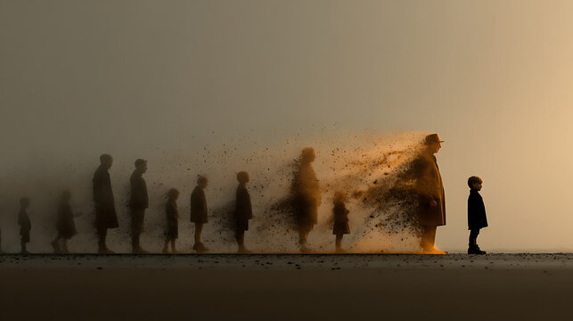 Surreal generational transformation scene with dissolving silhouettes, symbolizing ancestry, identity, mortality, memory, and the evolving cycle of human existence