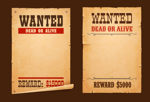 Western wanted posters, old paper outlaw notice signboard for dead or alive reward, vector templates. Wanted posters on wall in Western country cowboy design for Wild West bandit robber reward banners