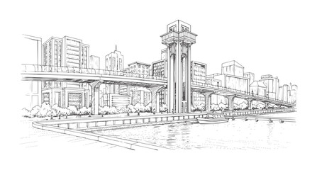 Obraz premium Of a city skyline with a river and elevated train tracks water boat