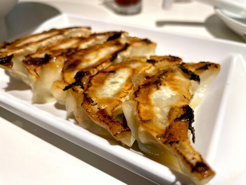 焼き餃子 ─ こんがり焼き目の白長皿盛り