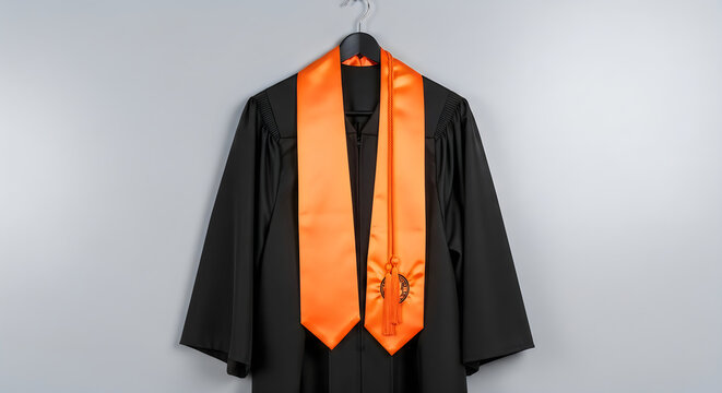 Black graduation gown with vibrant orange stole and tassel