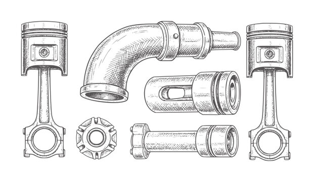 Vintage engine parts piston connecting rod and pipe