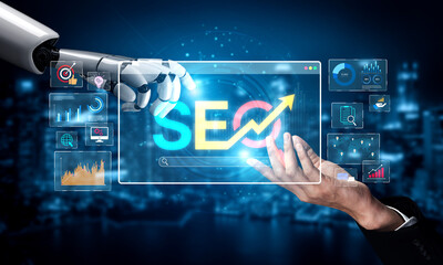 Obraz na płótnie Canvas AI improves SEO visibility using intelligent optimization tools, keyword analytics, and smart marketing strategies for digital campaign success. Artificial intelligence spline