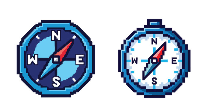Pixel art illustration of a navigation compass icon with red and blue needle isolated on white background, retro 8-bit gaming style for direction and travel concepts