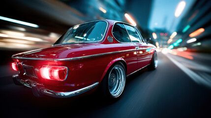 Fototapeta premium Low angle retro red coupe speeding on curved highway at night with motion blur for automotive poster and dynamic banner background